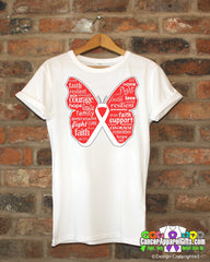 Bone Cancer Butterfly Collage of Words Shirts - Cancer Apparel and Gifts