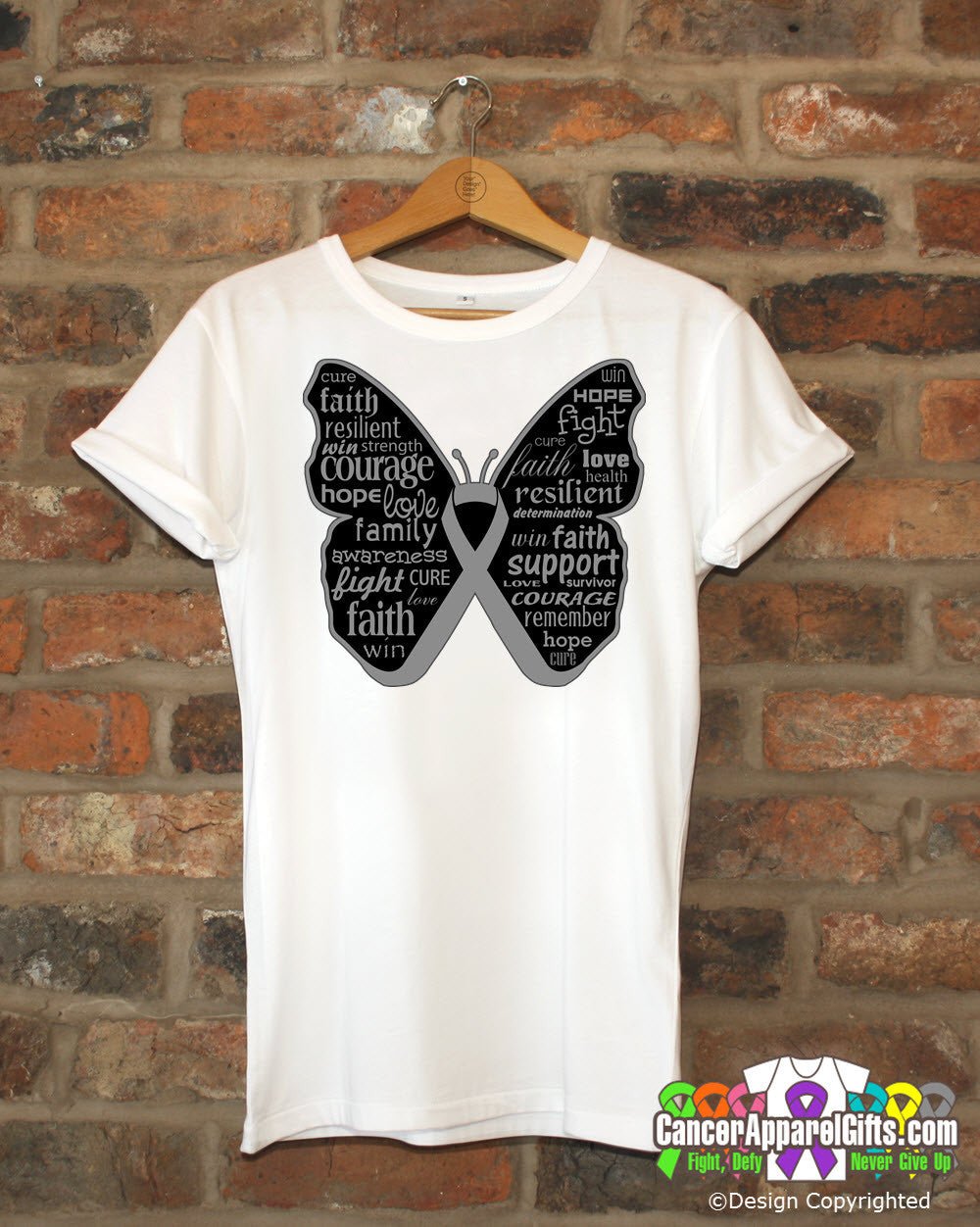 Brain Cancer Butterfly Collage of Words Shirts - Cancer Apparel and Gifts