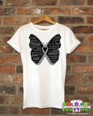 Brain Cancer Butterfly Collage of Words Shirts - Cancer Apparel and Gifts