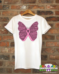 Breast Cancer Butterfly Collage of Words Shirts - Cancer Apparel and Gifts