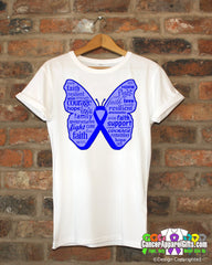 Colon Cancer Butterfly Collage of Words Shirts - Cancer Apparel and Gifts