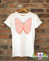 Endometrial Cancer Butterfly Collage of Words Shirts - Cancer Apparel and Gifts