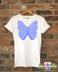 Esophageal Cancer Butterfly Collage of Words Shirts - Cancer Apparel and Gifts