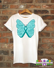 Ovarian Cancer Butterfly Collage of Words Shirts - Cancer Apparel and Gifts