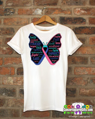 Thyroid Cancer Butterfly Collage of Words Shirts - Cancer Apparel and Gifts