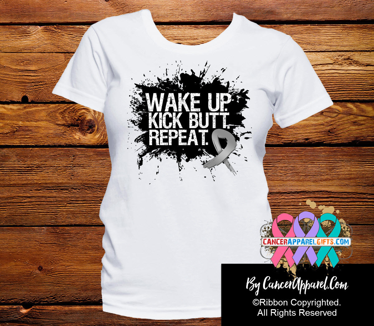Brain Cancer Shirts Wake Up Kick Butt and Repeat - Cancer Apparel and Gifts