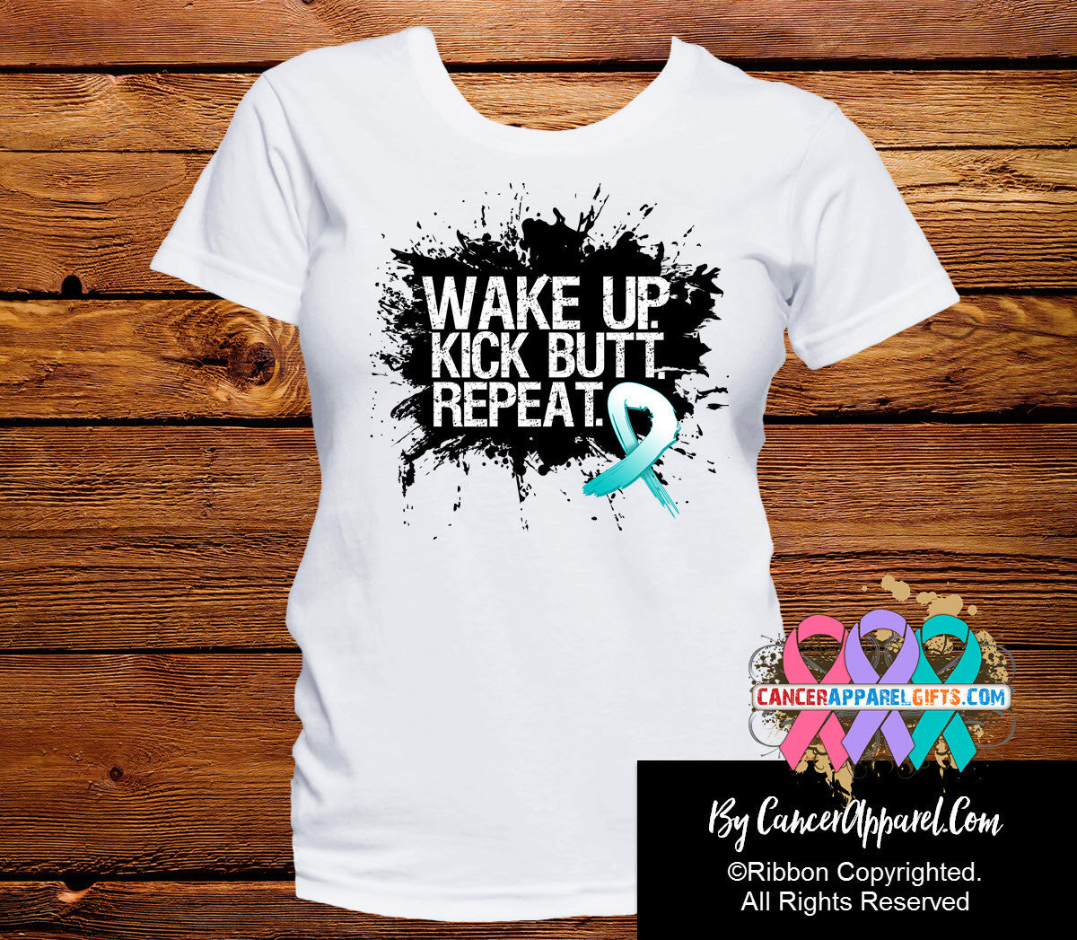 Cervical Cancer Shirts Wake Up Kick Butt and Repeat - Cancer Apparel and Gifts