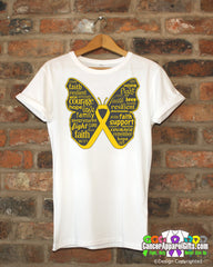 Childhood Cancer Butterfly Collage of Words Shirts