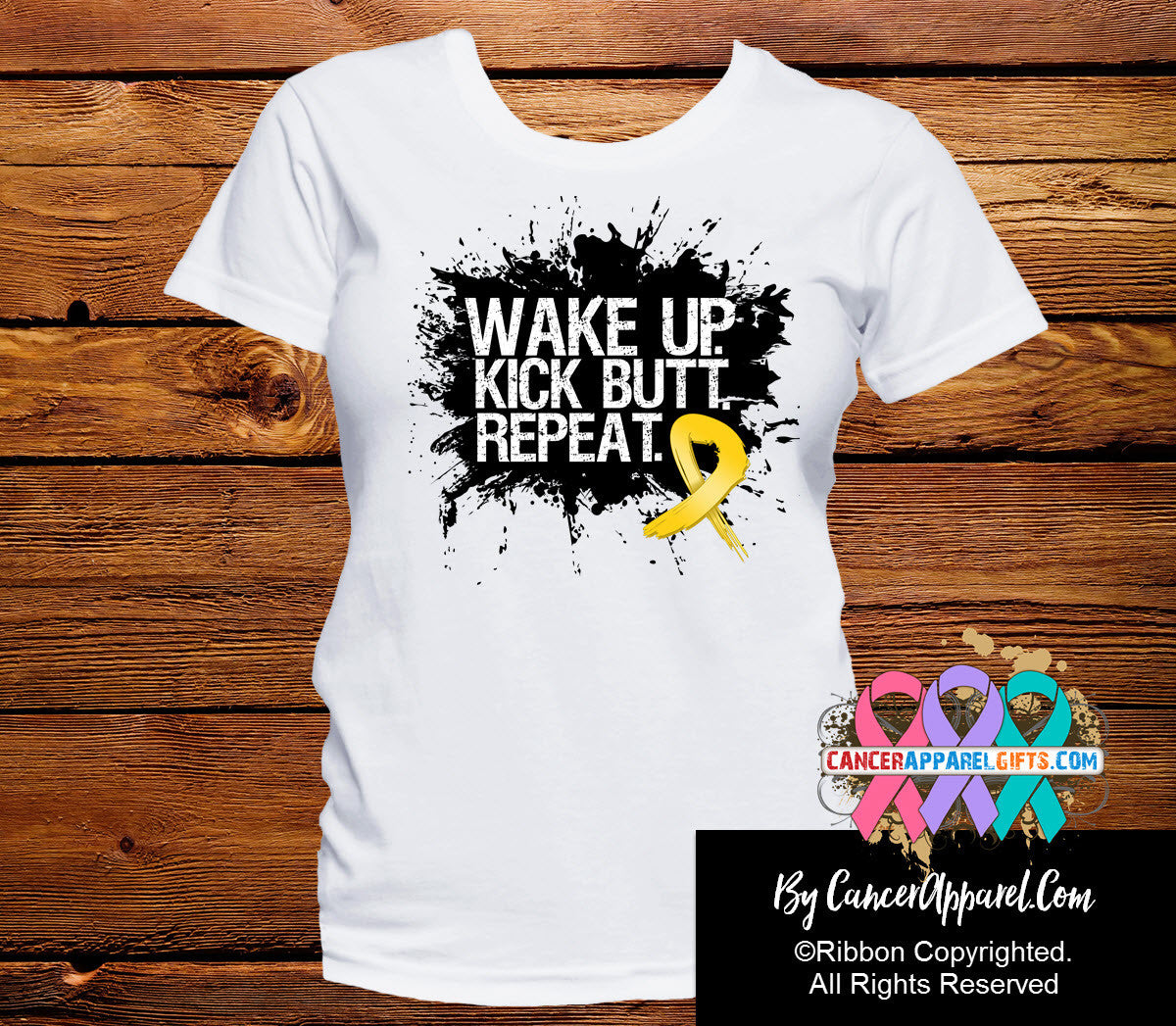 Childhood Cancer Shirts Wake Up Kick Butt and Repeat - Cancer Apparel and Gifts